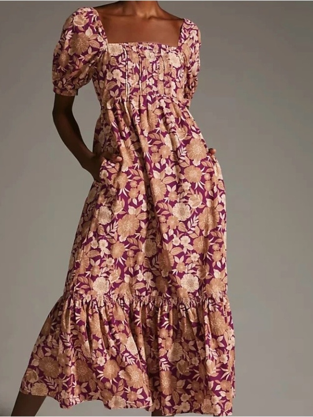 Favorite Daughter Plum and Tan Floral Maxi Dress with Puff Sleeves